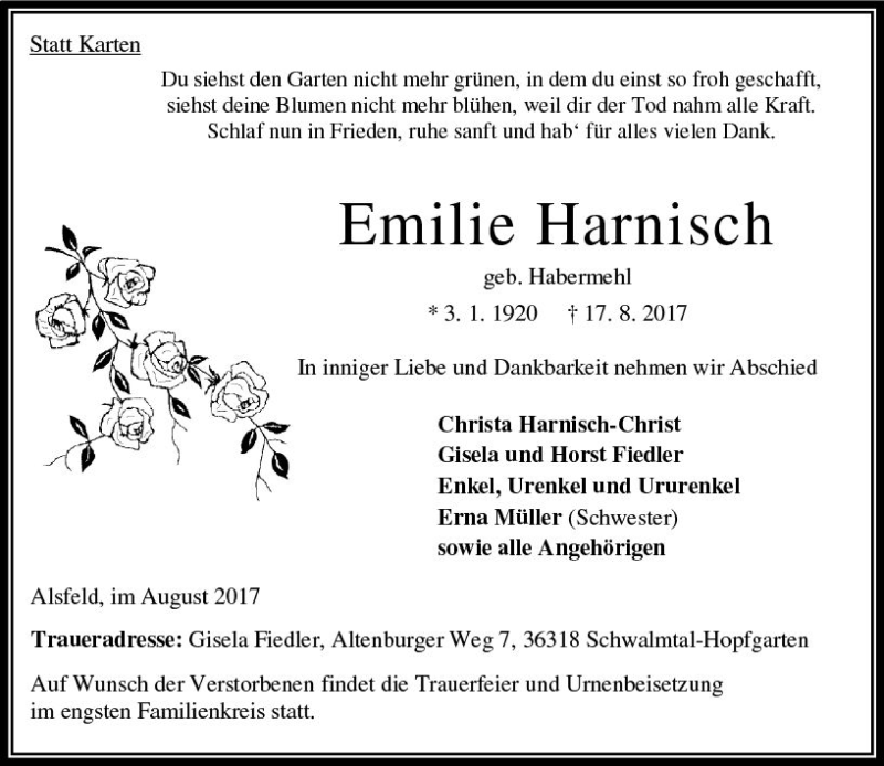  Traueranzeige für Emilie Harnisch vom 23.08.2017 aus VRM Trauer