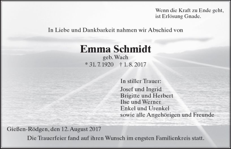  Traueranzeige für Emma Schmidt vom 12.08.2017 aus  Gießener Anzeiger