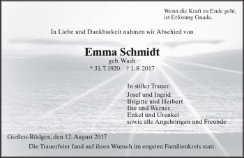 Traueranzeige von Emma Schmidt von  Gießener Anzeiger