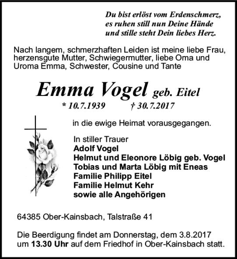  Traueranzeige für Emma Vogel vom 02.08.2017 aus Trauerportal Echo Online