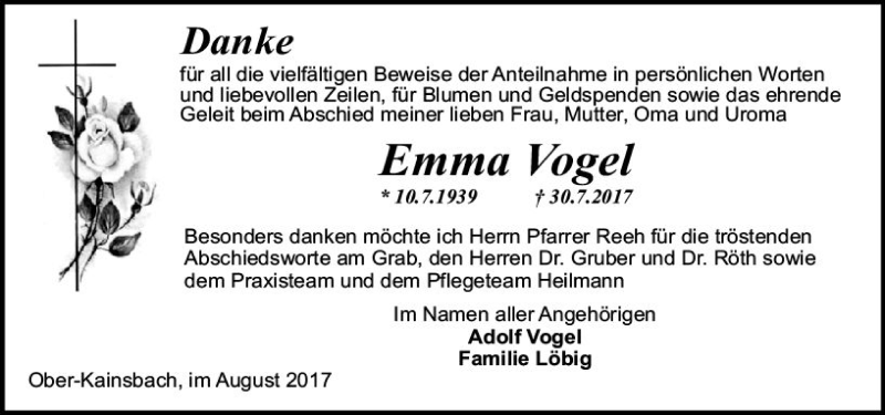  Traueranzeige für Emma Vogel vom 26.08.2017 aus Trauerportal Echo Online