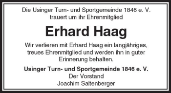 Traueranzeige von Erhard Haag von  Usinger Anzeiger