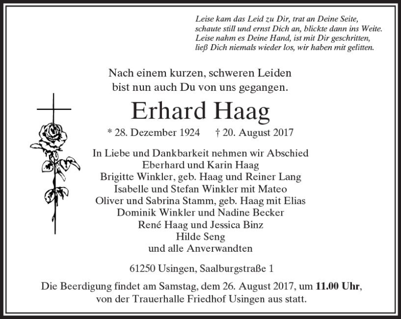  Traueranzeige für Erhard Haag vom 23.08.2017 aus  Usinger Anzeiger