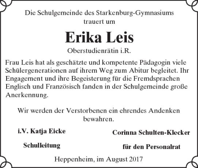  Traueranzeige für Erika Leis vom 26.08.2017 aus Trauerportal Echo Online