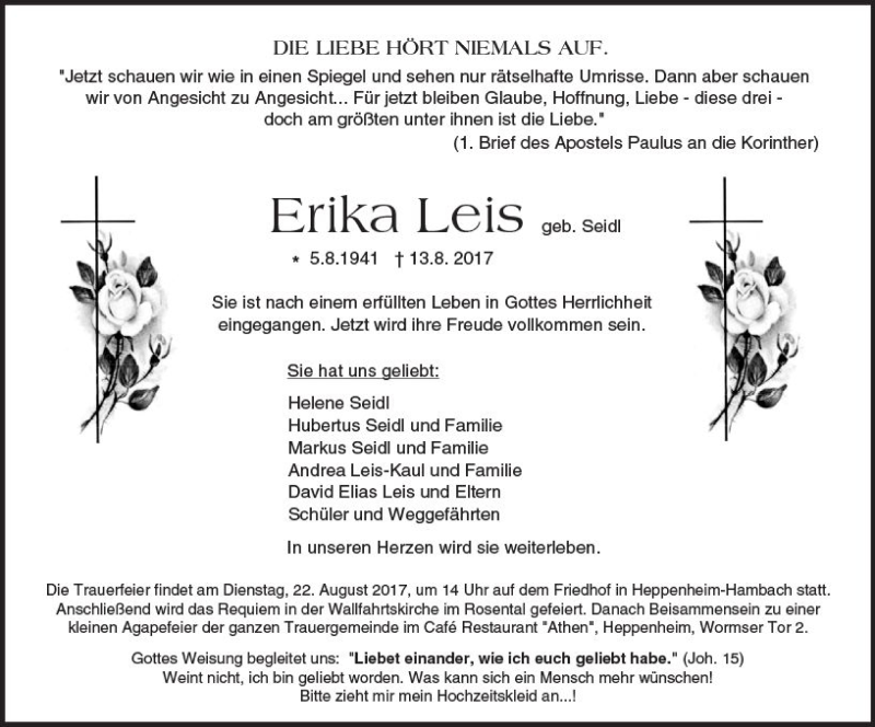  Traueranzeige für Erika Leis vom 19.08.2017 aus Trauerportal Echo Online