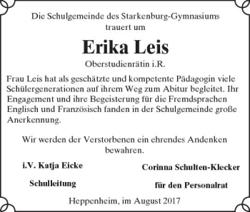Traueranzeige von Erika Leis von Trauerportal Echo Online