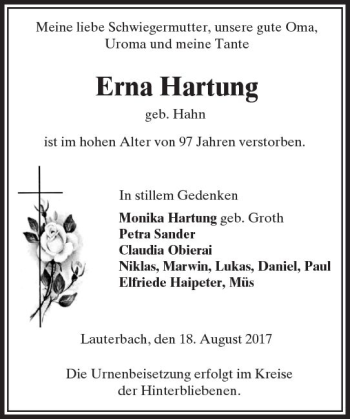 Traueranzeige von Erna Hartung von VRM Trauer