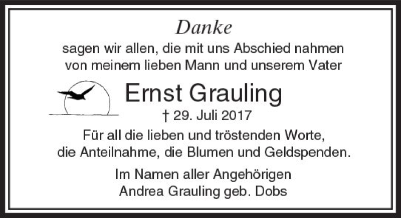  Traueranzeige für Ernst Grauling vom 10.08.2017 aus  Camberger Anzeiger