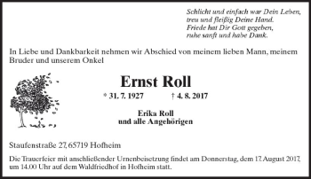 Traueranzeige von Ernst Roll von Trauerportal Rhein Main Presse