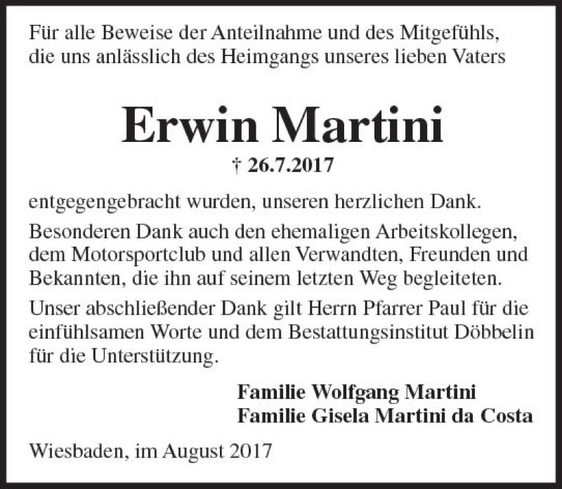  Traueranzeige für Erwin Martini vom 26.08.2017 aus Trauerportal Rhein Main Presse
