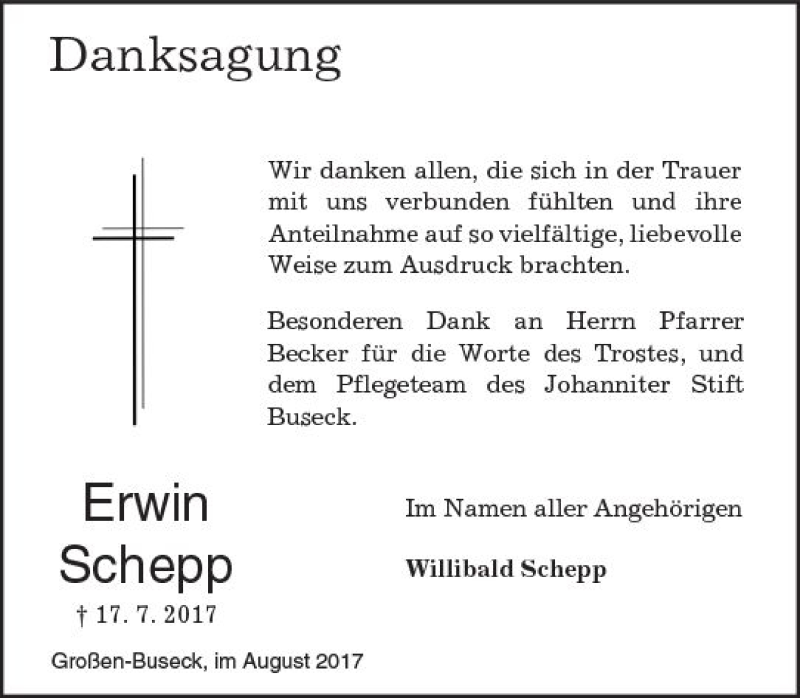  Traueranzeige für Erwin Schepp vom 19.08.2017 aus  Gießener Anzeiger