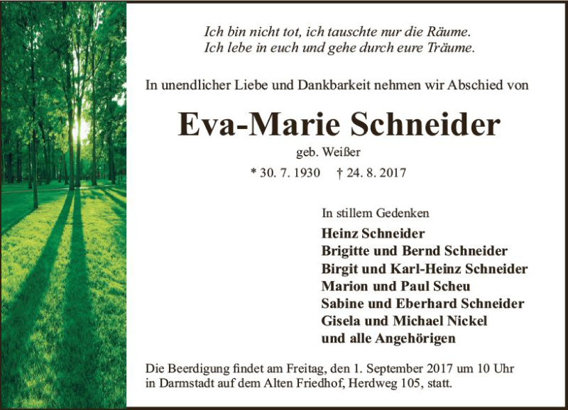  Traueranzeige für Eva-Marie Schneider vom 30.08.2017 aus Trauerportal Echo Online