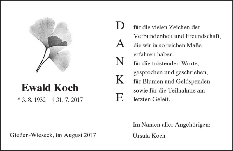  Traueranzeige für Ewald Koch vom 19.08.2017 aus  Gießener Anzeiger
