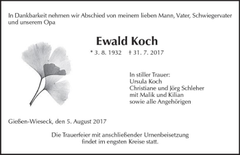 Traueranzeige von Ewald Koch von  Gießener Anzeiger