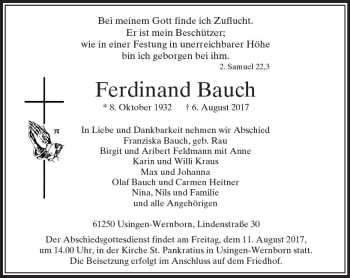 Traueranzeige von Ferdinand Bauch von  Usinger Anzeiger