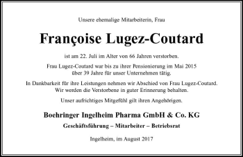 Traueranzeige von Francoise Lugez-Coutard von Trauerportal Rhein Main Presse