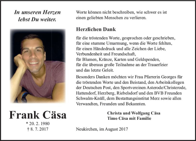  Traueranzeige für Frank Cäsa vom 19.08.2017 aus VRM Trauer
