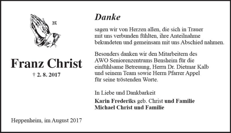  Traueranzeige für Franz Christ vom 19.08.2017 aus Trauerportal Echo Online