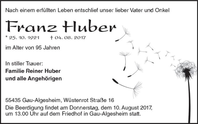  Traueranzeige für Franz Huber vom 08.08.2017 aus Trauerportal Rhein Main Presse