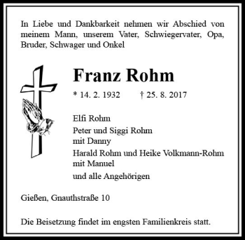 Traueranzeige von Franz Rohm von  Gießener Anzeiger