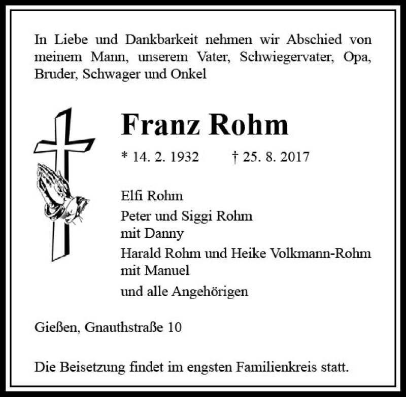  Traueranzeige für Franz Rohm vom 30.08.2017 aus  Gießener Anzeiger