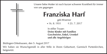 Traueranzeige von Franziska Harf von  Kreisanzeiger