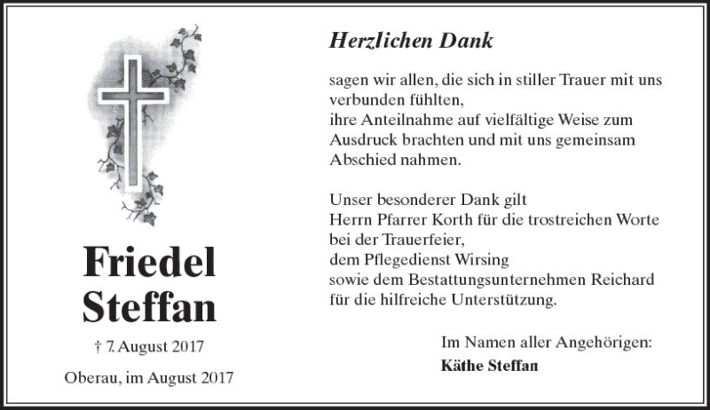  Traueranzeige für Friedel Steffan vom 26.08.2017 aus  Kreisanzeiger