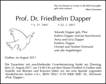 Traueranzeige von Friedhelm Dapper von  Gießener Anzeiger