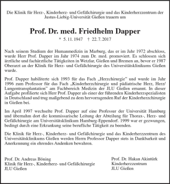 Traueranzeige von Friedhelm Dapper von  Gießener Anzeiger