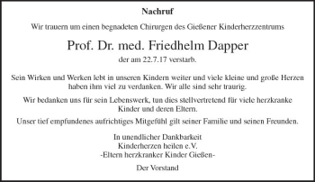 Traueranzeige von Friedhelm Dapper von  Gießener Anzeiger