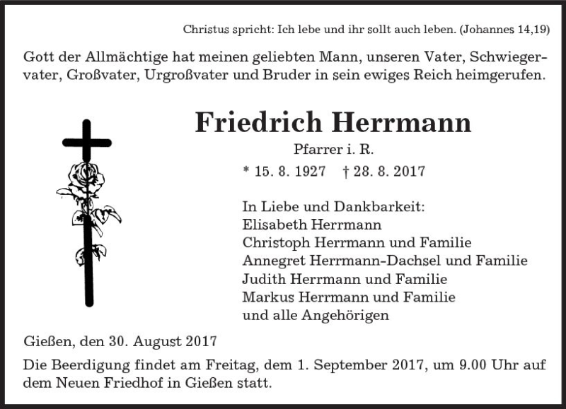  Traueranzeige für Friedrich Herrmann vom 30.08.2017 aus  Kreisanzeiger