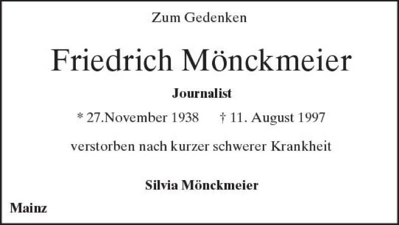  Traueranzeige für Friedrich Mönckmeier vom 11.08.2017 aus Trauerportal Rhein Main Presse