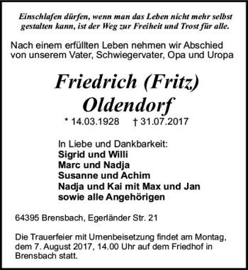 Traueranzeige von Friedrich Oldendorf von Trauerportal Echo Online