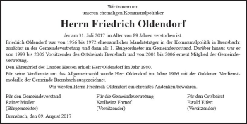 Traueranzeige von Friedrich Oldendorf von Trauerportal Echo Online