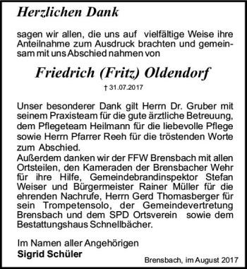 Traueranzeige von Friedrich Fritz Oldendorf von Trauerportal Echo Online
