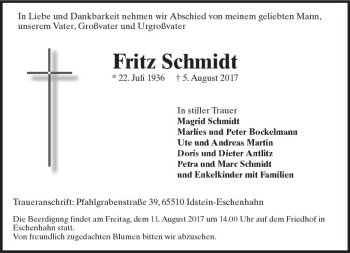 Traueranzeige von Fritz Schmidt von Trauerportal Rhein Main Presse