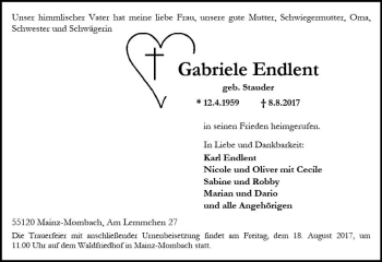 Traueranzeige von Gabriele Endlent von Trauerportal Rhein Main Presse