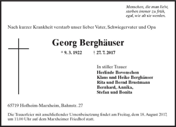 Traueranzeige von Georg Berghäuser von Trauerportal Rhein Main Presse
