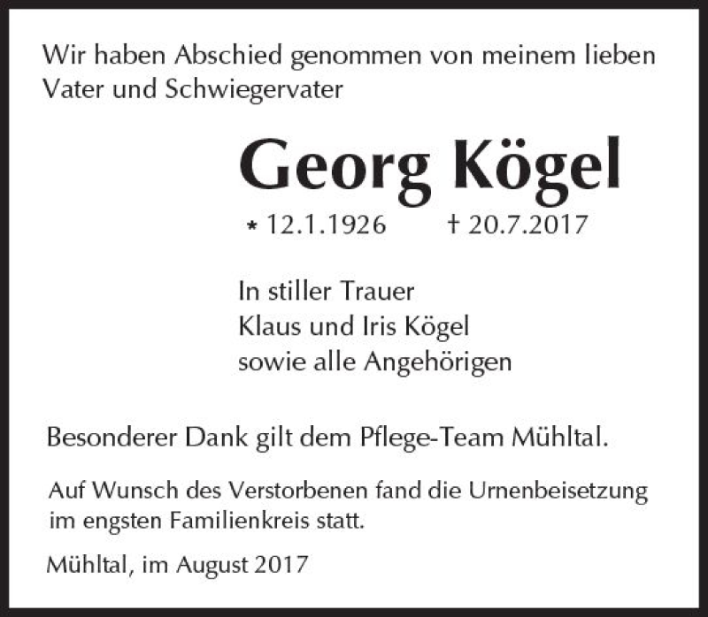  Traueranzeige für Georg Kögel vom 05.08.2017 aus Trauerportal Echo Online