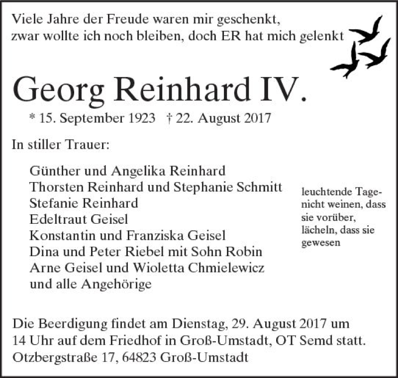  Traueranzeige für Georg Reinhard vom 26.08.2017 aus Trauerportal Echo Online