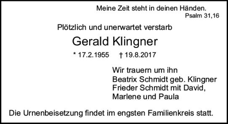  Traueranzeige für Gerald Klingner vom 26.08.2017 aus Trauerportal Echo Online