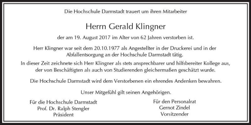  Traueranzeige für Gerald Klingner vom 26.08.2017 aus Trauerportal Echo Online
