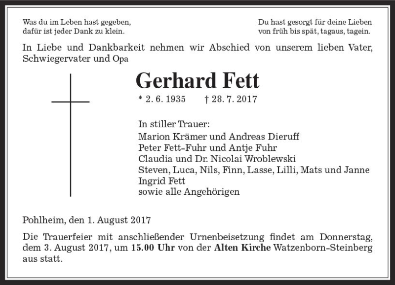  Traueranzeige für Gerhard Fett vom 01.08.2017 aus  Gießener Anzeiger