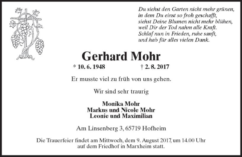 Traueranzeige für Gerhard Mohr vom 04.08.2017 aus Trauerportal Rhein Main Presse