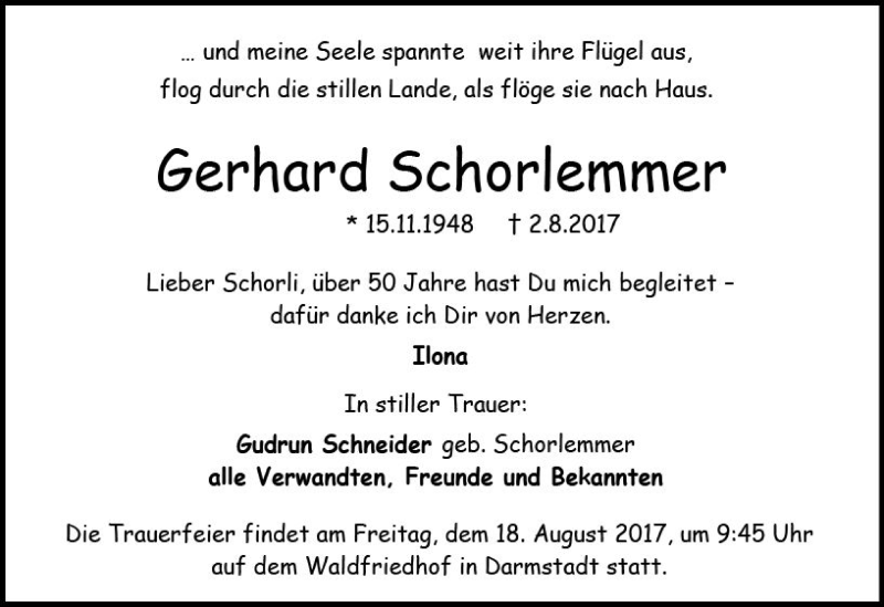  Traueranzeige für Gerhard Schorlemmer vom 12.08.2017 aus Trauerportal Echo Online