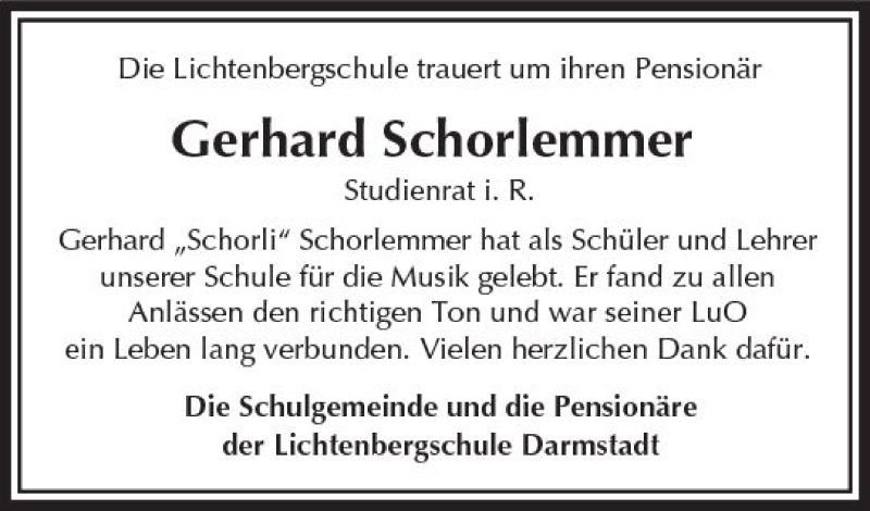  Traueranzeige für Gerhard Schorlemmer vom 18.08.2017 aus Trauerportal Echo Online