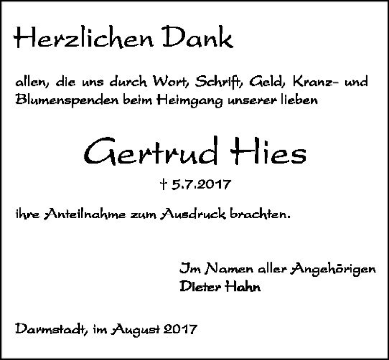  Traueranzeige für Gertrud Hies vom 05.08.2017 aus Trauerportal Echo Online