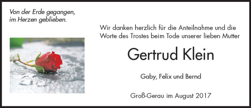  Traueranzeige für Gertrud Klein vom 12.08.2017 aus Trauerportal Rhein Main Presse