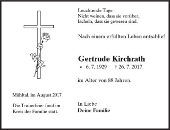 Traueranzeige von Gertrude Kirchrath von Trauerportal Echo Online