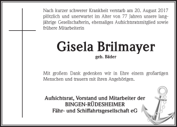 Traueranzeige von Gisela Brilmayer von Trauerportal Rhein Main Presse